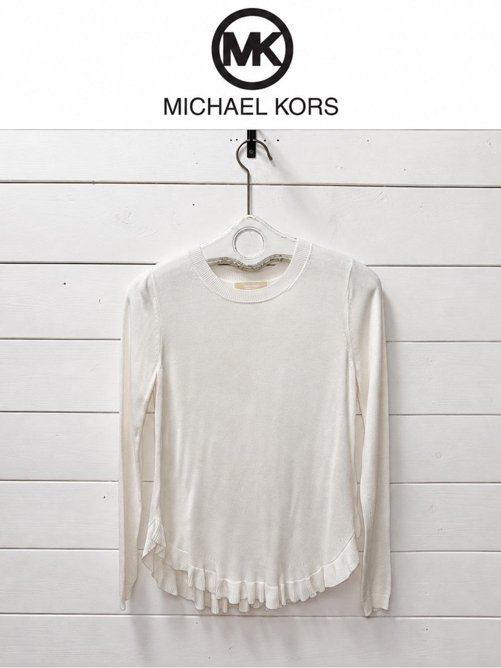 Michael Kors White Ruffle-Hem Sweater – Size XS